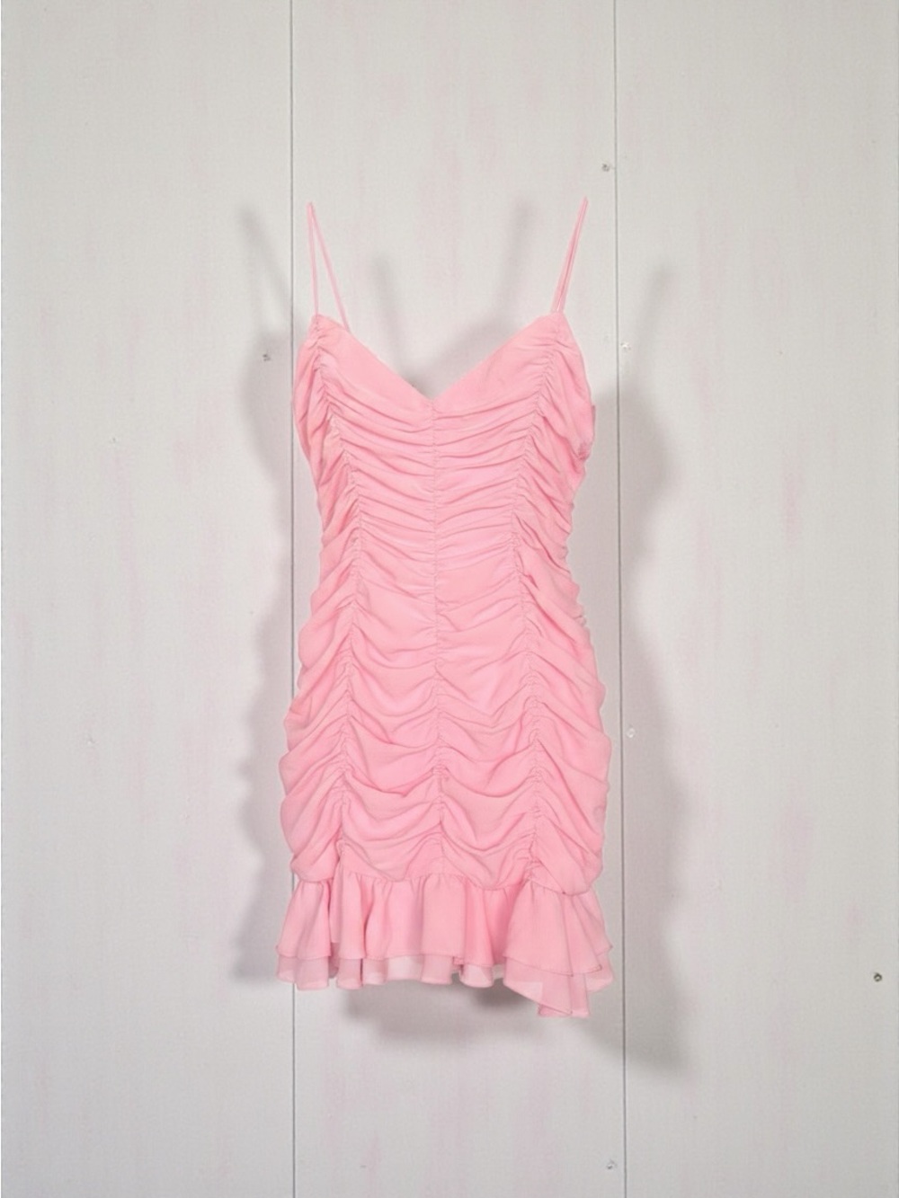Lucy in the Sky Light Pink Ruched Spaghetti Strap Mini Dress